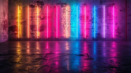 Wall Mural - Neon lights on an old brick wall, creating a vibrant and colorful backdrop