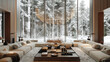 A large living room with a fireplace and a view of the snow-covered trees
