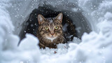 Fototapeta Dziecięca - cat on the rock snow falling black with green eye hide on cage 