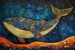 Traditional Madhubani Bharni style painting of a whale, serene and heartfelt, set against a starry night and bright sky