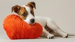 A small dog laying on a heart shaped pillow. Generative AI.