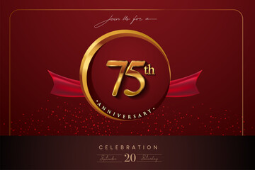 Wall Mural - 75th Anniversary Logo With Golden Ring And Red Ribbon Isolated on Elegant Background, Birthday Invitation Design And Greeting Card.