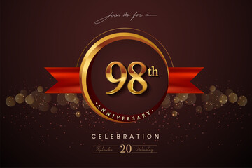 Wall Mural - 98th Anniversary Logo With Golden Ring And Red Ribbon Isolated on Elegant Background, Birthday Invitation Design And Greeting Card.