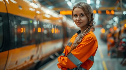 Young Female Engineer at Modern Train Station. Young female engineer wearing a safety vest poses confidently in a bustling train station with modern trains in the background.