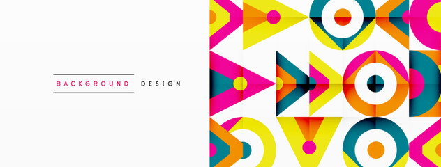 Poster - Colorful geometric pattern featuring rectangles, triangles, circles, and arrows in magenta and electric blue on a white background, inspired by art and technology