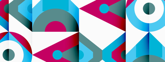 Aufkleber - Vibrant geometric pattern featuring circles and triangles in shades of azure, aqua, and red on a white background. A creative arts textile design with colorful rectangles and bold lines