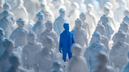 A blue person standing out in a crowd of white people. Best Job Candidate HR human resources technology.Online and modern technologies for simplifying the human resources