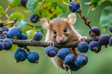 Poster - A little hazel dormouse with small ears and dark blue plums on the branch of a hawthorn,