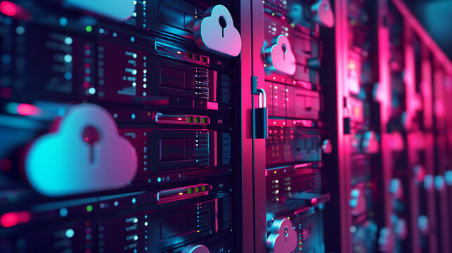  close up on row of modern server with padlock and cloud icon in magenta light inside dark room,  Concept for cyber security, data protection online storage technology