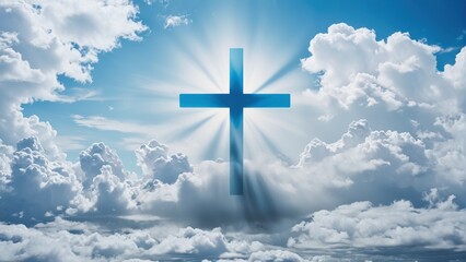 Wall Mural - Christian symbol cross shines among the clouds