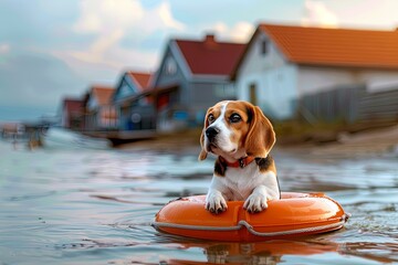 Canvas Print - beagle dog sits on life preserver in water, houses in water