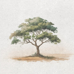 One isolated green tree with a white background on textured paper; square