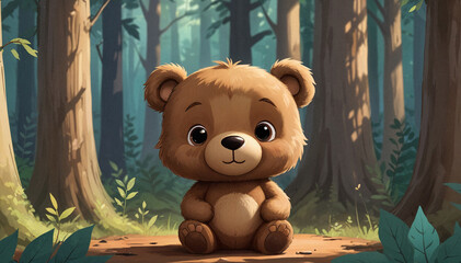cute brown bear cub sitting in a forest illustration