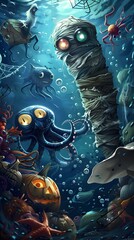 Wall Mural - Ominous Underwater Halloween Creature Scene with Pumpkins and Octopus