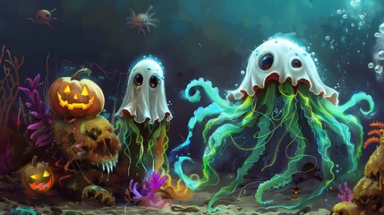 Otherworldly Underwater Horror Glowing Pumpkins and Ghostly Creatures in a Mysterious Oceanic Realm