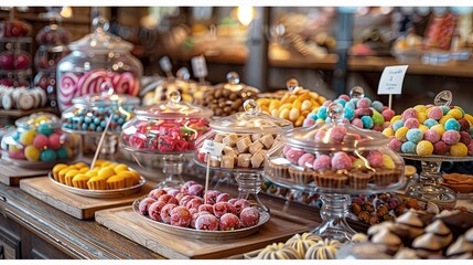 colorful sweets and candies, lollipop candies and jelly gums in a candy shop