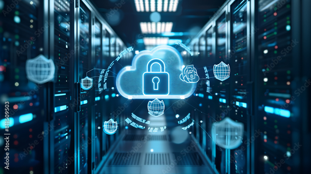 Digital blue cloud security and data protection concept with padlock ...