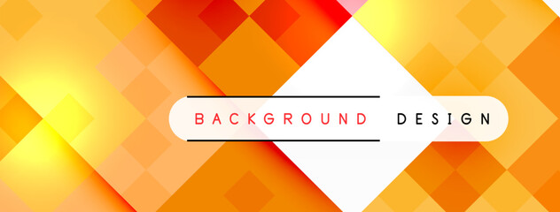 Aufkleber - An electrifying background design featuring squares in shades of orange, amber, and electric blue. The pattern includes triangles, circles, and rectangles with a symmetrical layout and a unique font