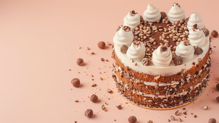 Wall Mural - Chocolate hazelnut cake with whipped cream on top and nuts pink background