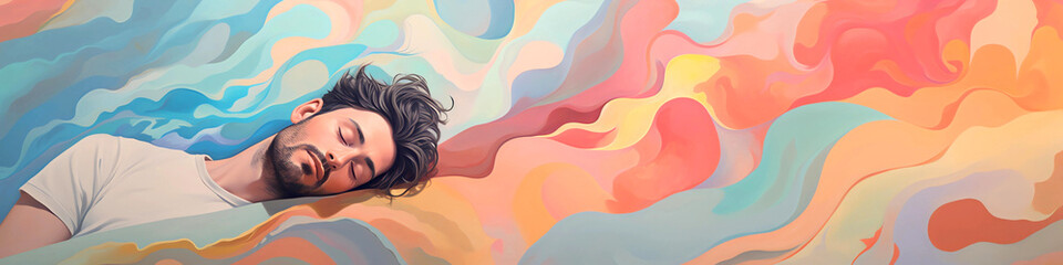 Wall Mural - Sleep Concept Banner Featuring a Caucasian Man Lying on Pastel Colored Clouds