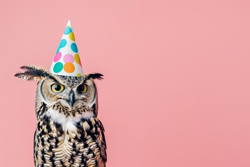 Wall Mural - portrait photo of an owl wearing a birthday hat on a solid pastel pink background in the style of copy space concept