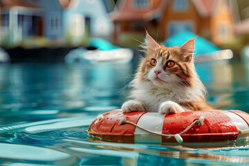 Wall Mural - red and white Maine Coon cat sits on life preserver in water, houses in water