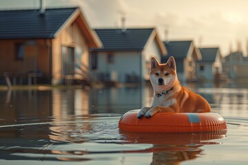 Canvas Print - shiba inu dog sits on life preserver in water, houses in water