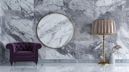 Sticker - Opulent living room featuring marble walls, a velvet chair, and elegant gold and silk accents.