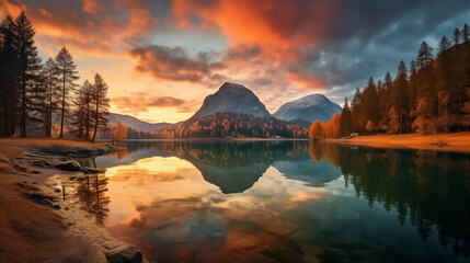 Wall Mural - Sunset over the lake and mountain.