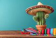 mexican cactus in sombrero hat and colorful serape blanket on wooden table