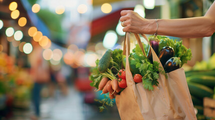 a woman's hand holds a paper bag filled with fresh vegetables, with a slightly blurred market backgr