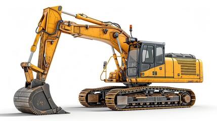 Side profile of a bright yellow excavator, highlighting its sleek industrial design and powerful stature, isolated on pure white