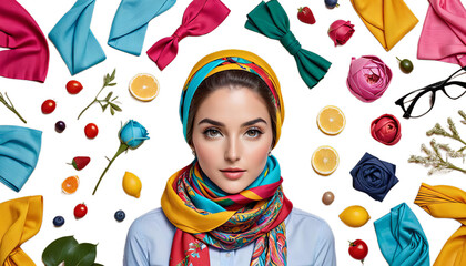 Wall Mural - head colorful scarf woman colourful fashion style accessory beauty portrait ethnic culture traditional trendy vibrant pattern fabric headwear turban stylish elegant confident unique diverse