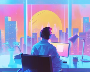 Wall Mural - Illustration Paper art style of remote work solutions, depicted with cyberpunk 80 s color, featuring a nice template for copy space