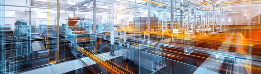 A graphic representation of a digital twin, with a realtime virtual model mirroring a manufacturing facility