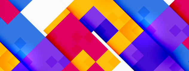 Poster - Enhance the colorfulness of your design with a vibrant background featuring a geometric pattern of purple, orange, violet, and magenta rectangles and triangles on a white canvas. A true art piece