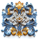 Fototapeta Na ścianę - Luxury yellow and blue wall design bas-relief with stucco mouldings rococo element isolated on white background