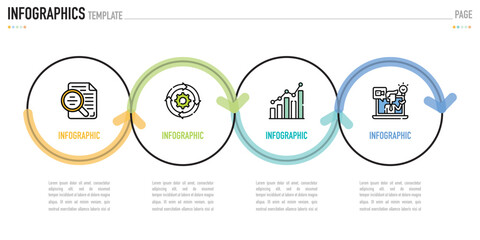 Circular linear infographic template or element with 4 step, process, option, colorful connected circle, label, shadow, minimal style for sale slide, agenda, schedule, flowchart, workflow, calendar