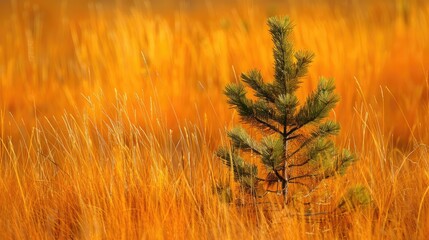 Poster - Golden backdrop with a petite pine tree emerging in the tall grass of orange yellow hue in a fall setting