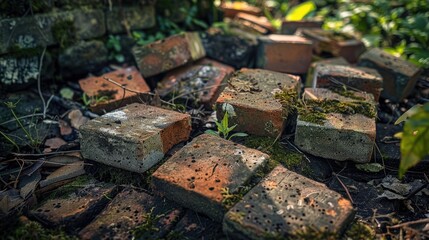 Poster - Group of weathered square bricks laying on the ground near a wall captured in a landscape photograph