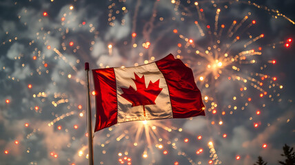 Canadian flag close-up against the background of festive fireworks	