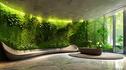 Wall Mural - Modern office waiting area with sleek, curved benches and a moss wall as the centerpiece.