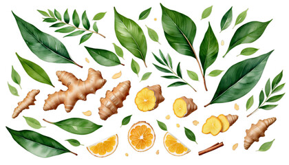 watercolor leaves ginger root ingredient isolated leaf herb illustration white healthy nature raw medicine vegetable slice spice painting drawing hand-drawn health herbal cookery seasoning aroma