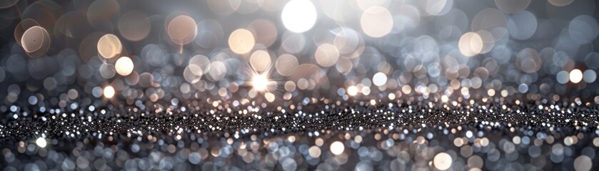 Wall Mural - glittery shiny silver background with blurred lights.