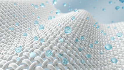 Close up of Water bubble cleans Macro fabric fiber of cloth, 3d rendering.