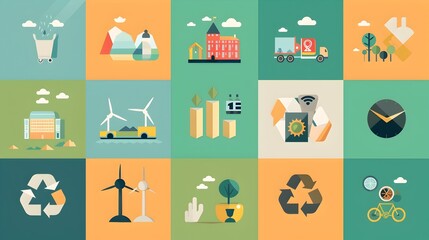 Poster - sustainable energy and recycling infographic with environmental icons and