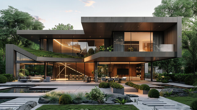 Contemporary house with a geometric garden and a sleek, angular front facade