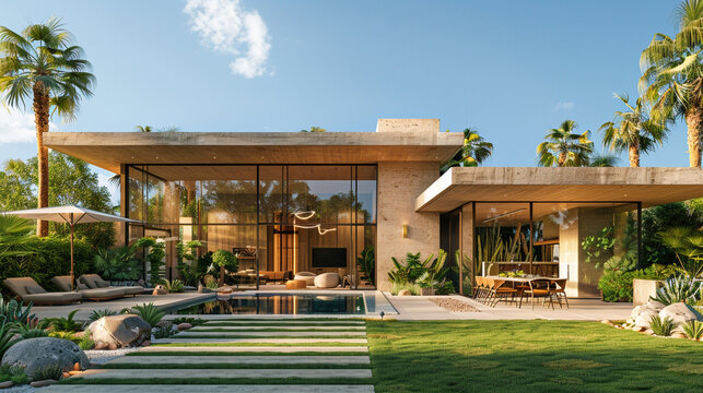 A sleek, desert oasis house with a stucco exterior and a lush green lawn with palm trees and a swimming pool