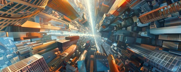 Wall Mural - digital art depicting a cityscape with biomimetic skyscraper designs, featuring a prominent building in the foreground