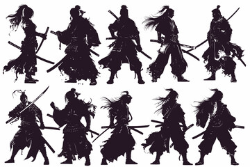 Wall Mural - Set Of Silhouette Samurai With Katana